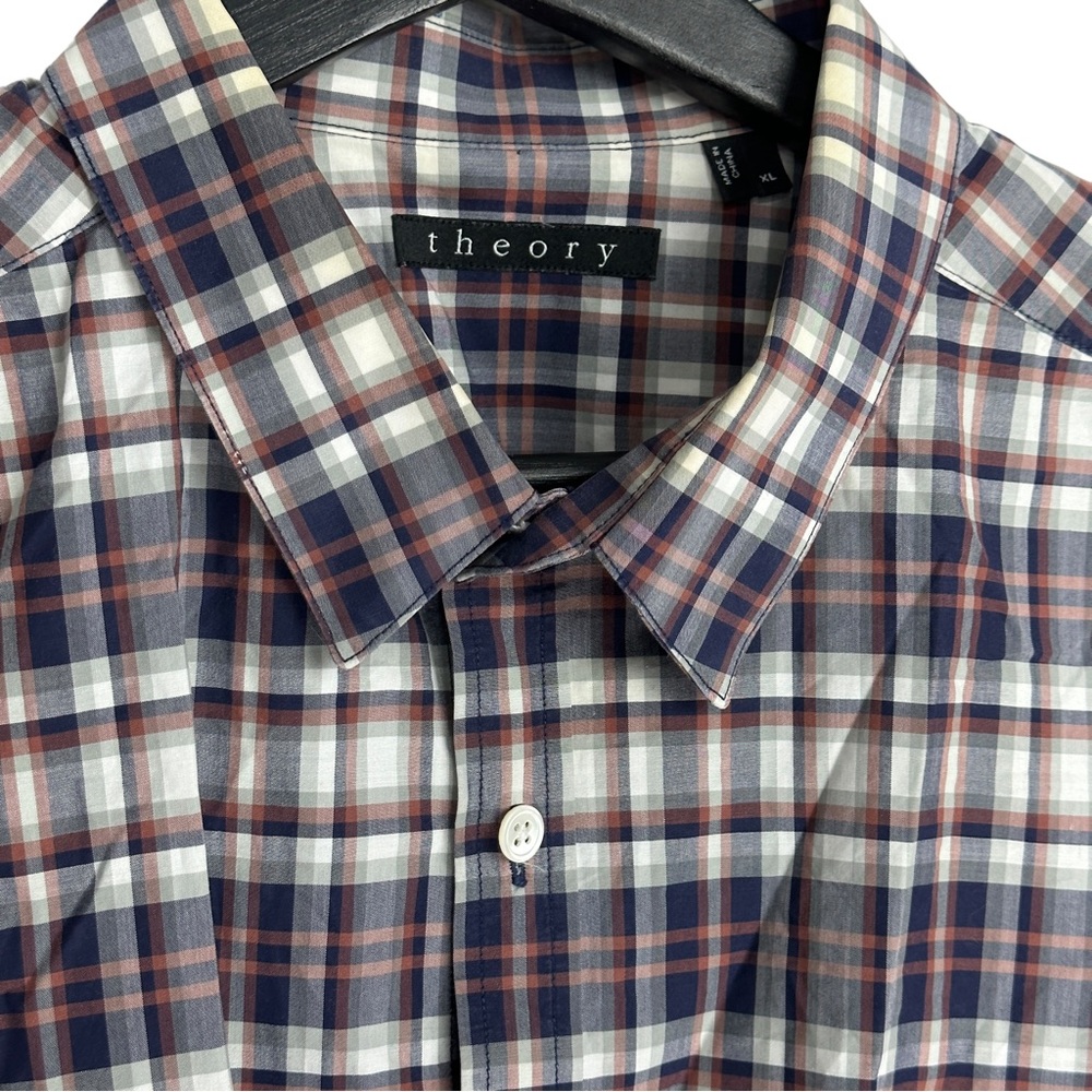 Theory Zack PS A Plaid Blue Button Front Short Sleeve Shirt XL Mens - Picture 8 of 11